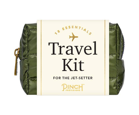 Green travel kit with 'Pinch Provisions' branding on a white background