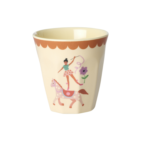 Melamine cup with a design of a girl riding a horse and a flower on a white background
