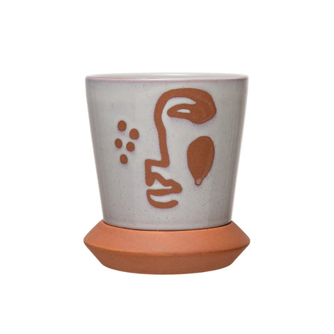 Stoneware Planter with Face and Saucer