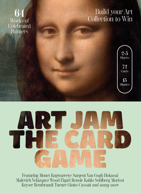 Cover of 'Art Jam' card game with a portrait of a famous artist and promotional text.