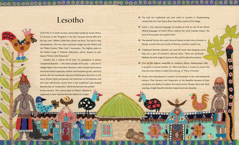Illustrated book page about Lesotho with colorful characters and text.