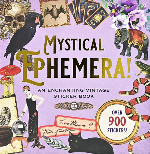Cover of 'Mystical Ephemera!' sticker book with vintage illustrations on a purple background.