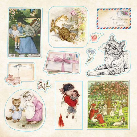 Collection of vintage-style stickers featuring cats, children, and nostalgic scenes on a beige background.