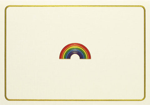 Colorful rainbow illustration on a beige background with a gold border