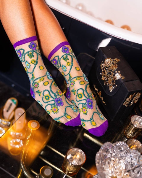 Jeweled Floral Gold Shimmer Sheer Crew Sock - Mint Museum Store
