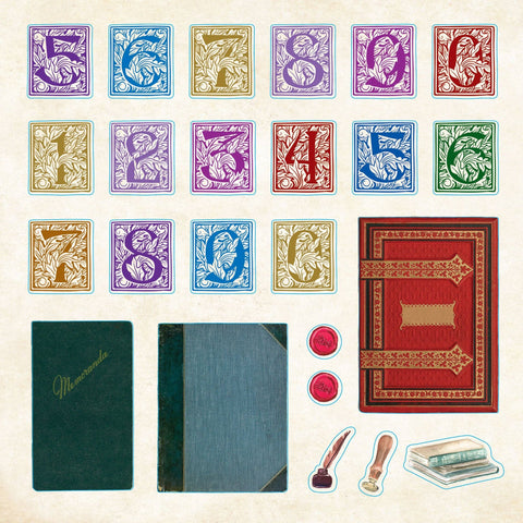 Collection of vintage-style stickers and decorative elements on a beige background
