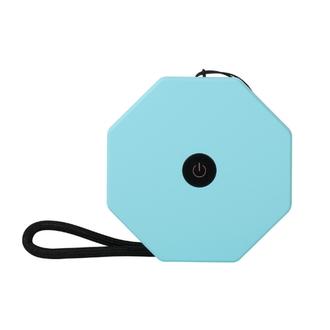 Hexagonal blue device with a power symbol on a white background