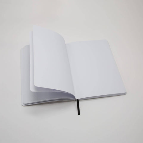An open notebook with blank pages.