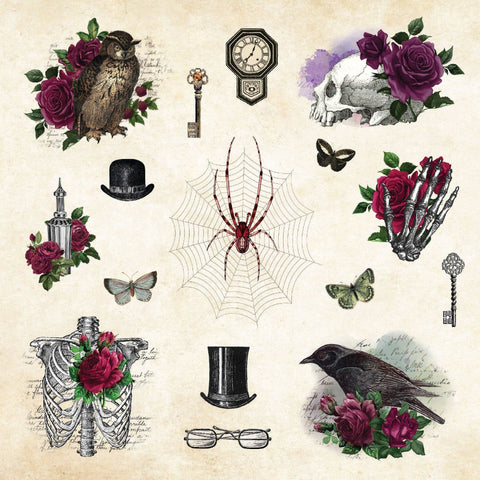 Vintage-style illustration stickers with elements like an owl, roses, spider, and skeleton hand on a textured background.
