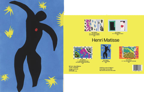Cover and back of 'Henri Matisse' note card box with a black silhouette and yellow stars on blue background
