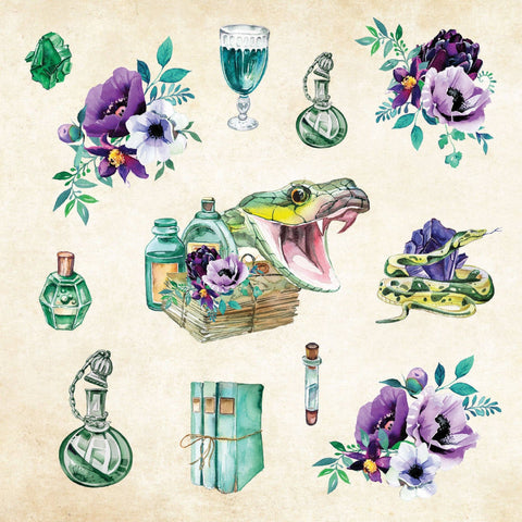 Stickers of a snake, bottles, flowers, and books on a textured beige background