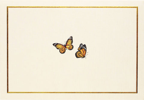 Two butterflies on a beige background with a gold border