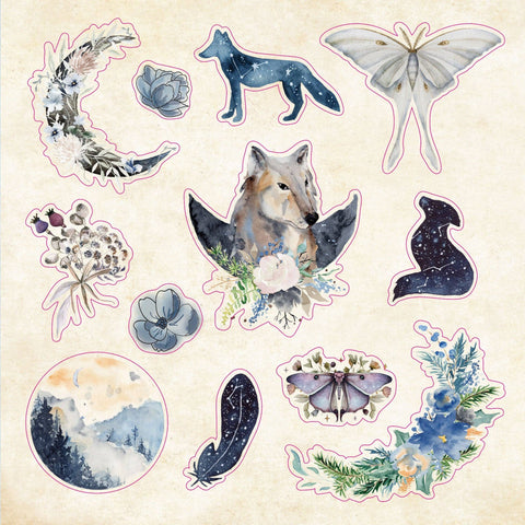 Set of nature-themed stickers featuring animals and landscapes on a beige background.