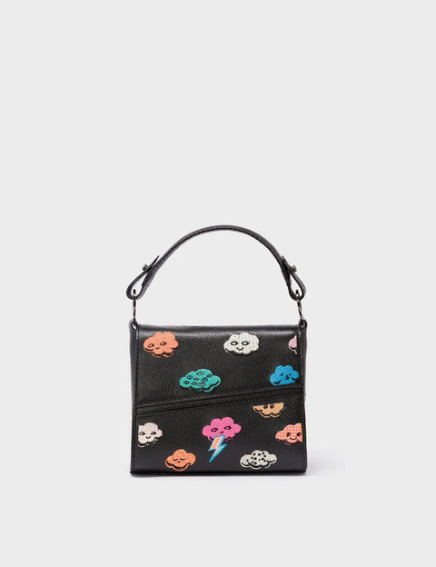 Black handbag with colorful cloud designs on a white background