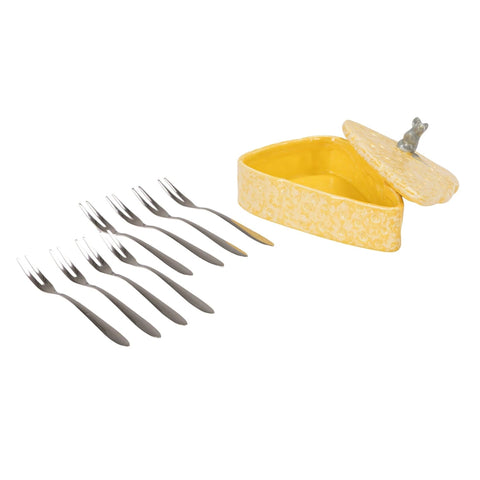 Cheese Shaped Container with Lid & 8 Appetizer Forks (Set of 9 items)