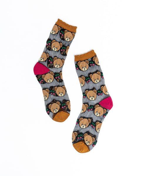 Teddy Bear Ruffle Black Sheer Crew Sock