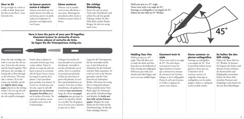 Instructional page on penmanship with text and a diagram of a hand holding a pen at a 45-degree angle.