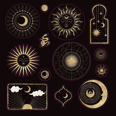 Collection of celestial and astrological stickers on a dark background