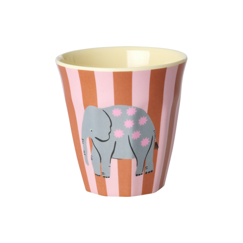 Children's cup with striped design and elephant illustration on a white background