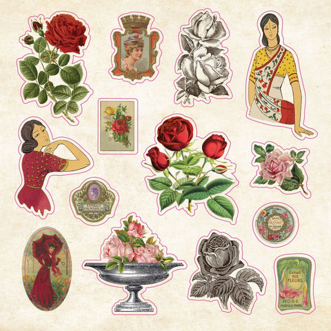 Stickers of vintage-style illustrations including roses, women in traditional attire, and decorative elements on a textured beige background.