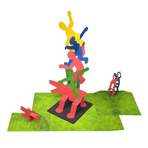 Colorful abstract sculpture of people on a white background