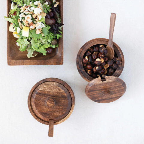 Acacia Wood Covered Bowl with Spoon Set