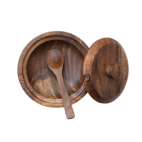 Acacia Wood Covered Bowl with Spoon Set