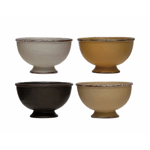 Four stoneware bowls with a footed design, featuring a autumn-colored glaze. The bowls are displayed in a clockwise order, showing variations in color from beige to black.