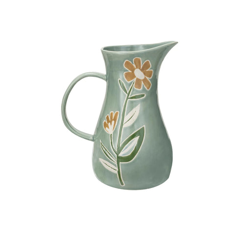 2 Quart Hand Painted Stoneware Pitcher w/ Wax Relief Flowers