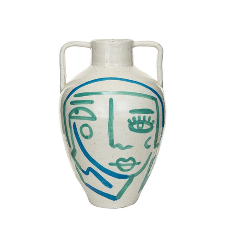 Hand Painted Terra Cotta Vase with Abstract Face