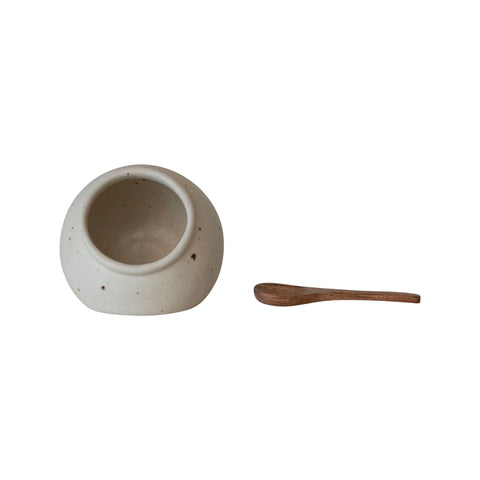 Stoneware Salt Cellar with Mango Wood Spoon