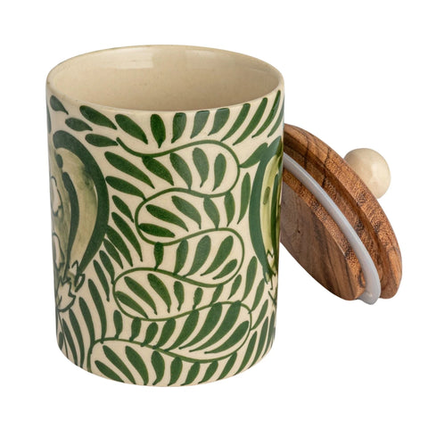 Hand Painted Stoneware Canister with Acacia Wood Lid