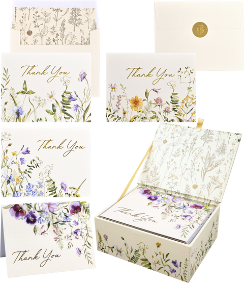 Set of 'Thank You' cards with floral designs in a decorative box.