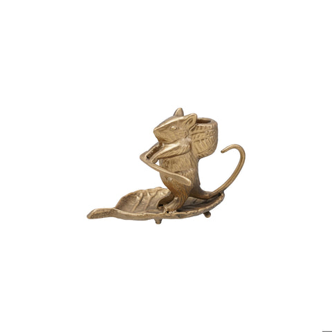 Cast Metal Taper Holder with Mouse on Leaf