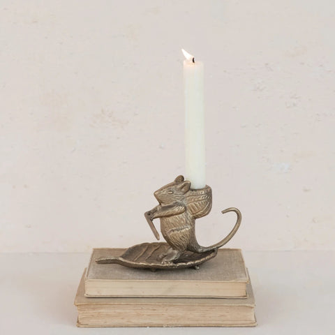 Cast Metal Taper Holder with Mouse on Leaf