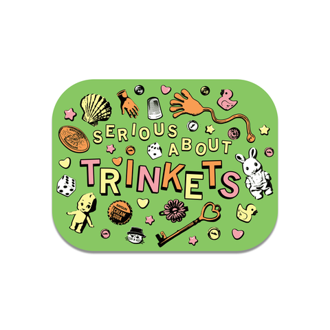 Green sticker with 'Serious About Trinkets' text and various illustrations on a white background