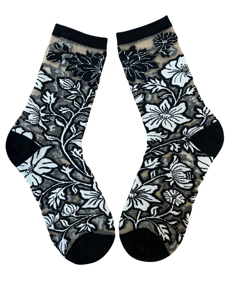 Black and White Florals Sheer Crew Sock