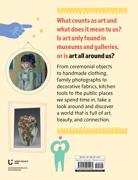 Bookback with text and images of a vase, girl, and decorative fabric on a beige background
