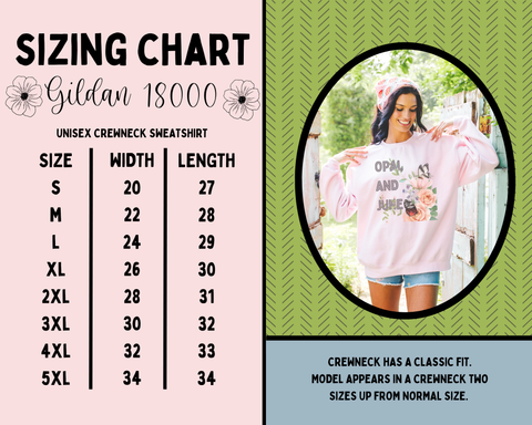 Sizing chart for Gildan 18000 unisex crewneck sweatshirt with a photo of a person wearing a sweatshirt.