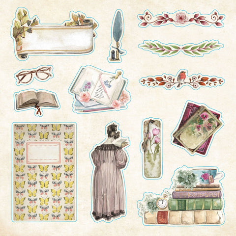 Collection of vintage-themed stickers on a beige background
