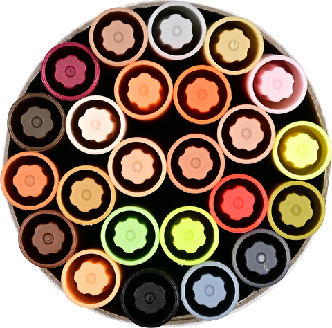 Set of colorful markers arranged in a circular pattern on a white background