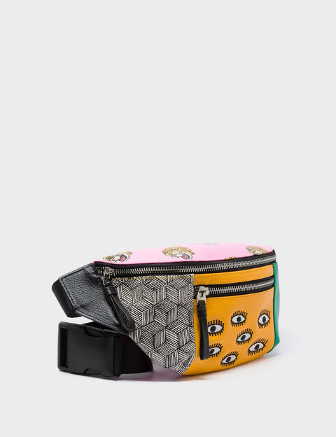 Multicolored waist bag with geometric and patterned design on a light gray background