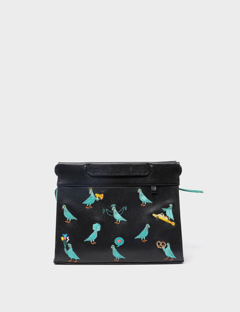 Black pouch with colorful parrot pattern on a white background