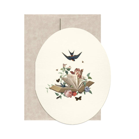 Greeting card with floral design and birds on a beige envelope