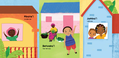 Illustrated book cover with children in colorful houses and text in different languages.
