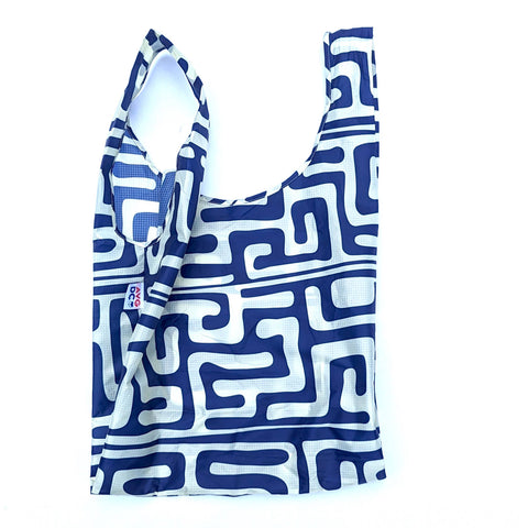 Blue and white patterned reusable bag on a white background