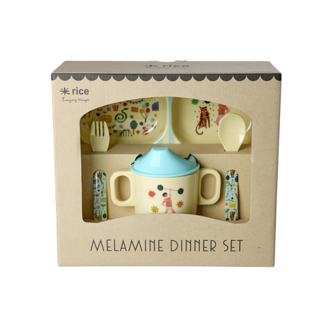 Melamine dinner set in a 'rice' branded box on a white background