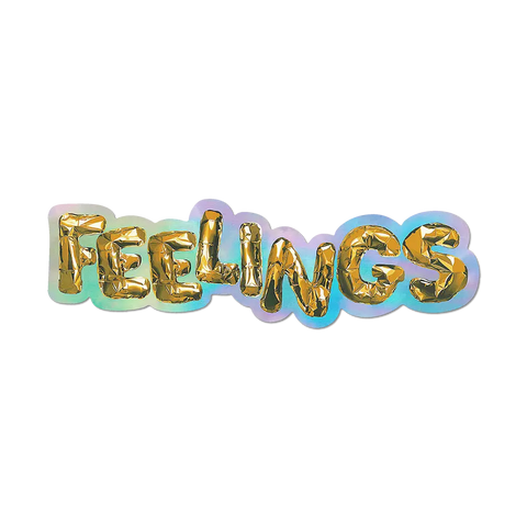 Sticker with gold 'FEELINGS' text on a white background