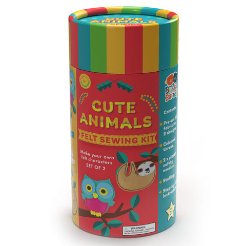 Colorful cylindrical felt sewing kit packaging with cute animal illustrations on a white background