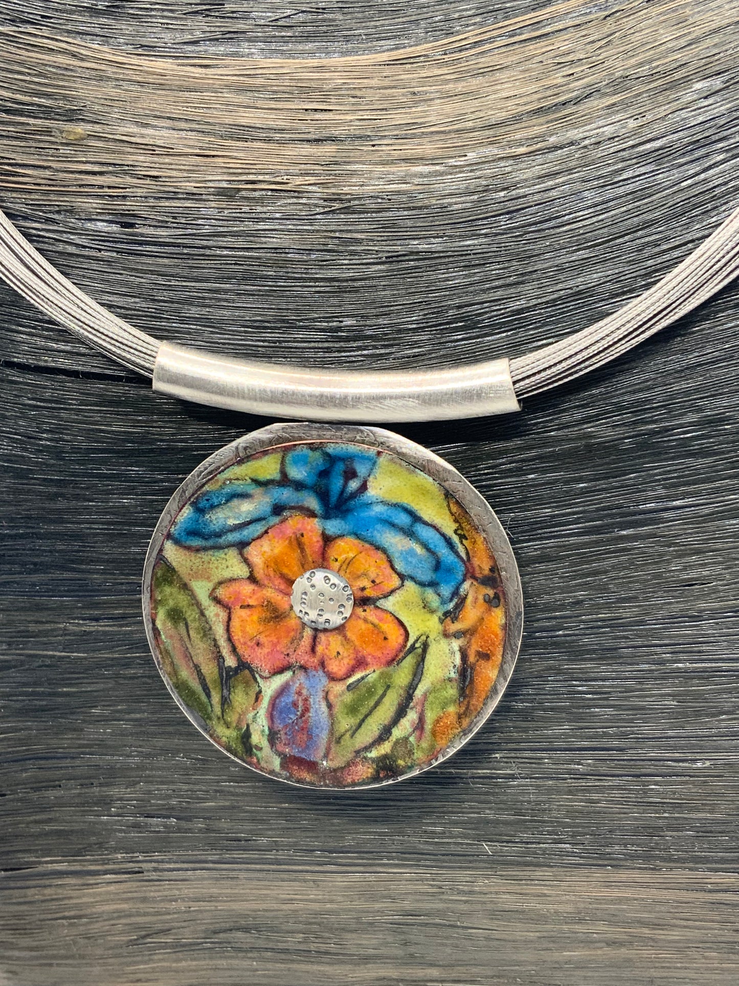 Sterling Silver and Enamel Round 50 Strand Necklace with Flower